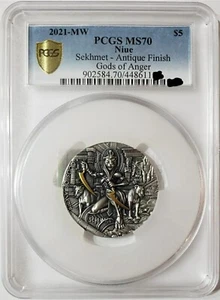 2021 2 Oz Silver $5 Niue Gods Of Anger SEKHMET PCGS MS70 Gold Shield Coin. - Picture 1 of 8