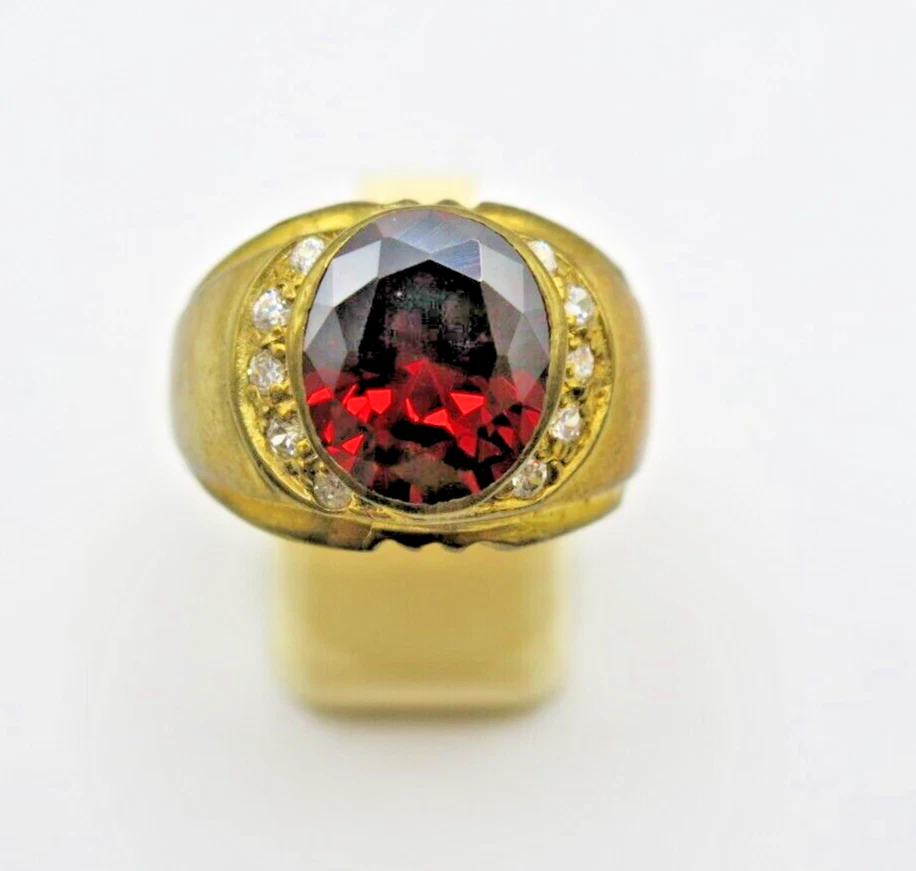 Anillo de latón vintage para hombre granate rojo piedras preciosas circonita diamantes de imitación delicados talla 9 Foto 1 de 4