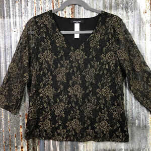 Plus Size Top Womens 3X Lace Overlay Black Floral Metallic Gold Pullover Ladies