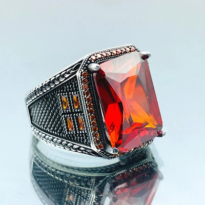 Anel masculino simulado de pedra rubi vermelho prata esterlina 925 turco feito à mão presenteá-lo - Imagem 1 de 4