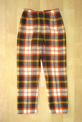 Vtg 60s 70s Orange Gold Harvest Plaid Tweedy High Waist Mom Taper Pants 24 in. - Image 1 of 3