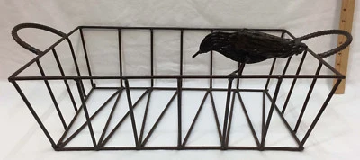 Wrought Iron Basket w/ Bird Sculpture on Edge Large Double Handles Brown 14x20 - Image 1 of 4