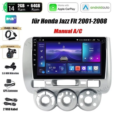 64G Android 14 Autoradio Carplay GPS Navi DAB+ Kamera für Honda Jazz Fit 2001-08 - Bild 1 von 4