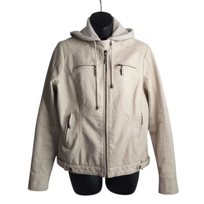 Chaqueta de cuero sintético beige claro JOU JOU capucha extraíble para mujer talla L Foto 1 de 4