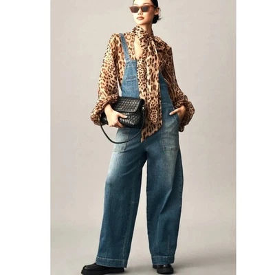 全新带标签 Anthropologie Pilcro Barrel 腿拉链前工作服调整蓝色牛仔 XL  — 第 1/4 张图片