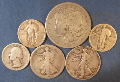 LOT 6 US SILVER COINS AS IS SCRAP OR BETTER 1921 S MORGAN SILVER DOLLAR ETC - Image 1 of 3