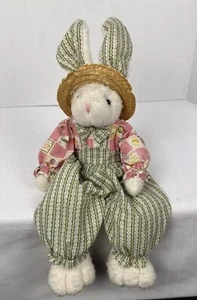 Decorative Weighted Sitting Bunny With Straw Hat, Overalls, Easter - Picture 1 of 13