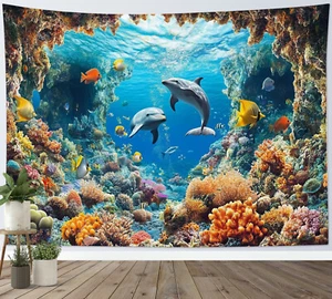 Coastal Themed Ocean Animals Dolphin Blue Tapestry for Bedroom Living Room Dorm - Picture 1 of 15