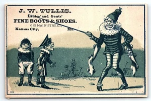 c1880 KANSAS CITY MO J.W. TULLIS FINE BOOTS & SHOES UGLY CLOWN TRADE CARD P1925 - Picture 1 of 2