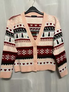 -355Boohoo Sz M 12/14 Pink Festive FairIsle Nordic Knit Short/Crop Xmas Cardigan - Picture 1 of 4