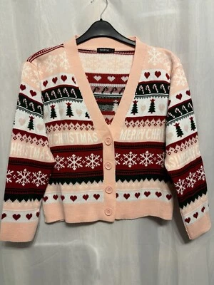 -355Boohoo Sz M 12/14 Pink Festive FairIsle Nordic Knit Short/Crop Xmas Cardigan - Image 1 of 4