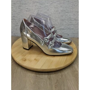 J. Crew Silver Mary Jane Block Heel Pumps Square Toe Party 8.5 double strap - Picture 1 of 10