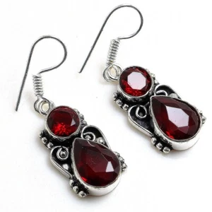 Gemstone Handmade 925 Sterling Silver Jewelry Mozambique Garnet Earring Sz 1.20" - Picture 1 of 1