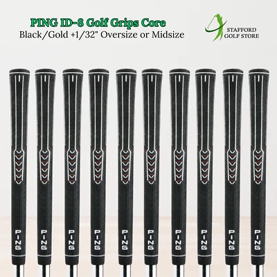 PING ID-8 Golf Grips Oversize/Midsize Core .600 Ribbed +1/32" Black/Gold Set New - Image 1 of 4