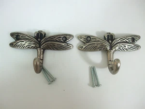 Dragonfly 2 Hooks Antique Silver Metal Coat Hanger Wall Mounted Clothes Hat Robe - Picture 1 of 6
