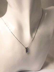 9ct White Gold Blue Topaz Trilogy Bar Pendant With 16” Chain
