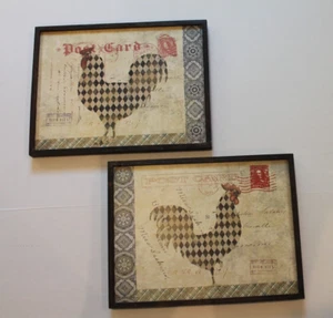 LOT Set of 2 Post Card Harlequin Check Rooster Chicken Wooden Wall Pictures - Picture 1 of 4