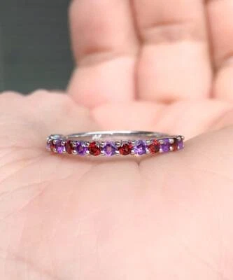 Solid 925 Silver Blue Sapphire Half Eternity Stack Wedding Band Ring Jewelry - Image 1 of 4