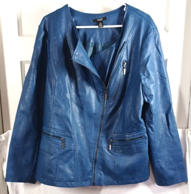 Alfani女式2X夹克蓝色爬行动物压花人造皮革全拉链复古0397 — 第 1/4 张图片