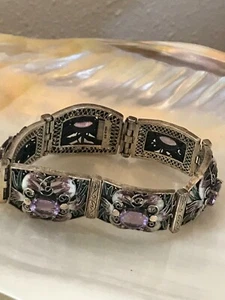 Estate Oval Amethyst Stones in Wide Ornate Purple & White Enamel Floral Signed - Picture 1 of 12