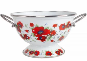 POPPY FLOWERS Enameled Colander, Enamelware Strainer Pasta Fruit 2.6 qt - Picture 1 of 12