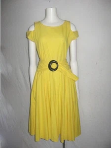 VTG Yellow Scoop Neck Cut Out Cold Shoulder Pockets Flared Cotton Dress w/ Belt - Picture 1 of 5