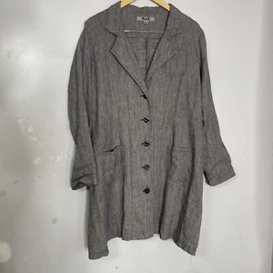 FLAX 100% Linen Button Lagenlook Duster Black Stripe Medium - Picture 1 of 6