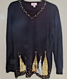 Maglione top natalizio Quacker Factory nero paillettes alberi donna taglia L - Foto 1 di 7