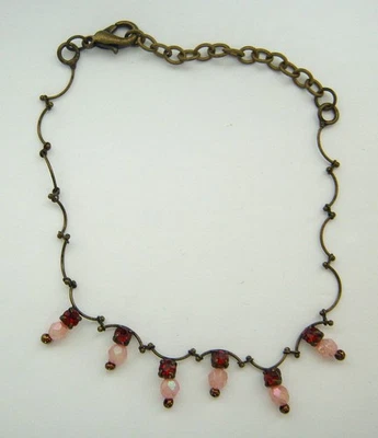Pulsera tobillera ajustable estilo victoriano rosa rojo cristal bronce colgante Foto 1 de 2