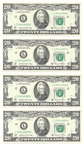 1981A $20 SAN FRANCISCO FRNs. 4 Consecutive, Crisp & UNCIRCULATED Banknotes. - Picture 1 of 2
