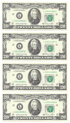 1981A $20 SAN FRANCISCO FRNs. 4 Consecutive, Crisp & UNCIRCULATED Banknotes. - Image 1 of 2