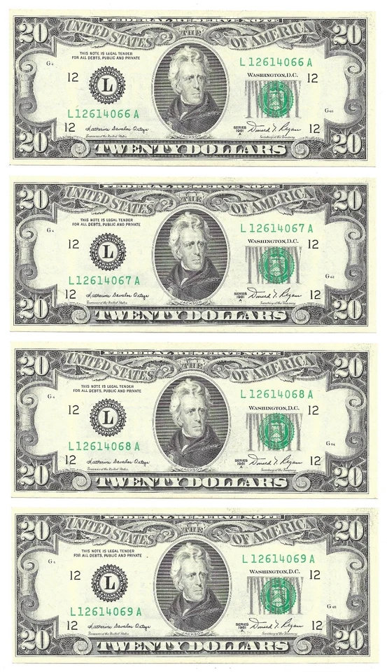 1981A $20 SAN FRANCISCO FRNs. 4 Consecutive, Crisp & UNCIRCULATED Banknotes. - Image 1 of 2