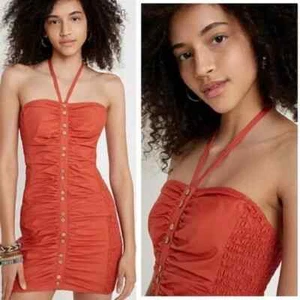Free People Dress Hold on Mini Red Rust Halter Smocked Ruched y2k Size Small - Picture 1 of 11
