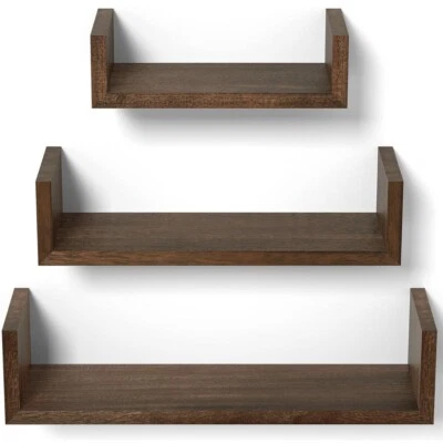 Floating Dark Brown Wood Wall Shelves Set Of 3 Modern Farmhouse Cottage - Image 1 of 4