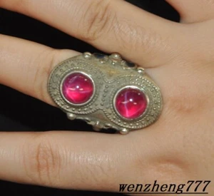 China Tibetan silver Inlay Pink gem bat Paintings Dynasty palace Jewelry Ring - Picture 1 of 4