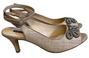 Alex Marie "Marla" Leather Ankle Strap Open Toe Heels Ceylon Beige Rhinestones - Picture 1 of 10