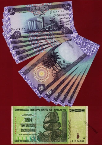 10 Trillion Zimbabwe Dollars AA 2008 + 10 x 50 Iraq Dinars Banknotes IQD w/ COA Cover