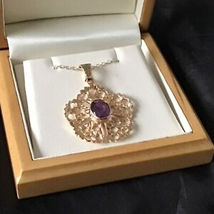 Rare Unusual & HEAVY Vintage 9ct Gold Amethyst Pendant & Chain. 5.8g. Boxed.