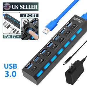 USB 3.0 Hub 7 Port On/Off Switch High Speed Splitter AC Adapter Cable PC Laptop - Picture 1 of 12