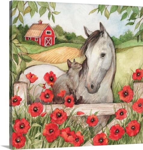 Horse and Cat in Poppies Canvas Wall Art Print, Cat Home Decor