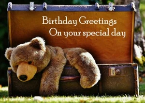 BIRTHDAY GREETINGS CARD BEAUTIFUL OLD TEDDY BEAR IN SUITCASE SUIT ANY AGE - Picture 1 of 1