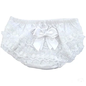 Baby Girls Frilly Pants Knickers Romany Cotton White Flower Bow Soft Touch 0-18m - Picture 1 of 3