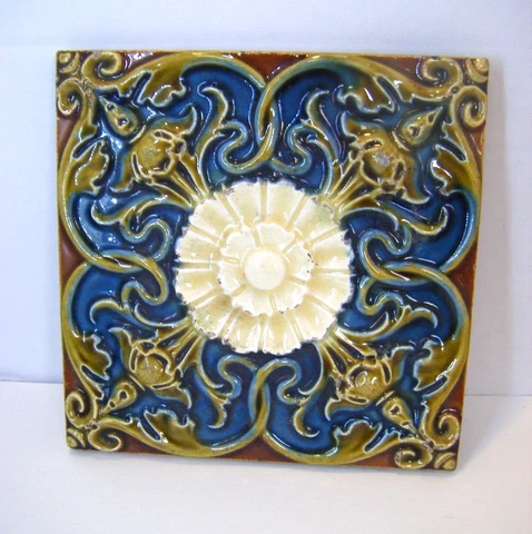 Antique Tile Majolica Art Nouveau Tube Lined Floral Architectural Single 6''x6'' Cover