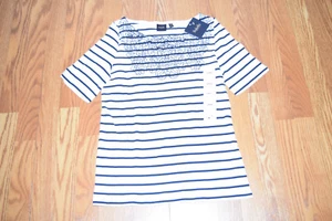 NWT Womens RAFAELLA Short Sleeve White Black Striped Embroidered Blouse Shirt S - Picture 1 of 2