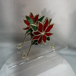 Poinsettia Stained Glass Candle Holder Red Green Christmas Centerpiece - Picture 1 of 10