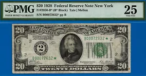 1928 $20 Federal Reserve Note PMG 25 rare 13 known New York star Fr 2050-B* - Picture 1 of 3