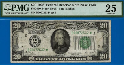 1928 $20 Federal Reserve Note PMG 25 rare 13 known New York star Fr 2050-B* - Image 1 of 3
