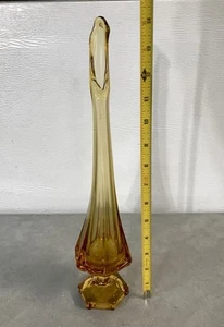 Vtg Stretch Swung Vase Amber Glass Ribbed Column Pedestal 14.5" Viking - Picture 1 of 8