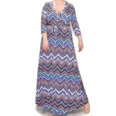 Maxi Vestido Janette Moda Multicolor Chevron Imitación Envoltura Talla Plussa Foto 1 de 4