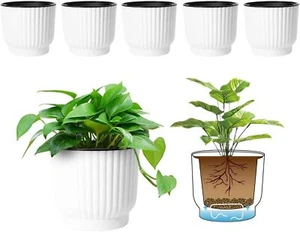 T4U 6 Inch Self Watering Pots for Indoor Plants, 6 Pack White 6 Inch, - Picture 1 of 9